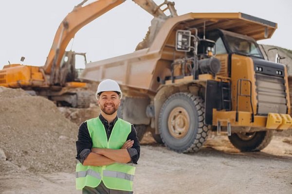 Male Worker with Bulldozer Sand Quarry